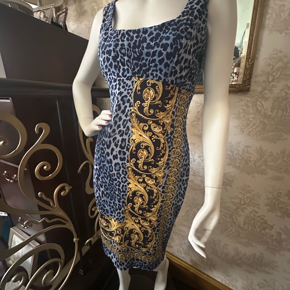 Cache Blue and Gold Baroque Midi Dress